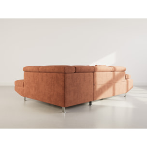 Margaux - Canapé d'angle droit 5 places convertible avec coffre et têtières réglables en velours texturé - Terracotta