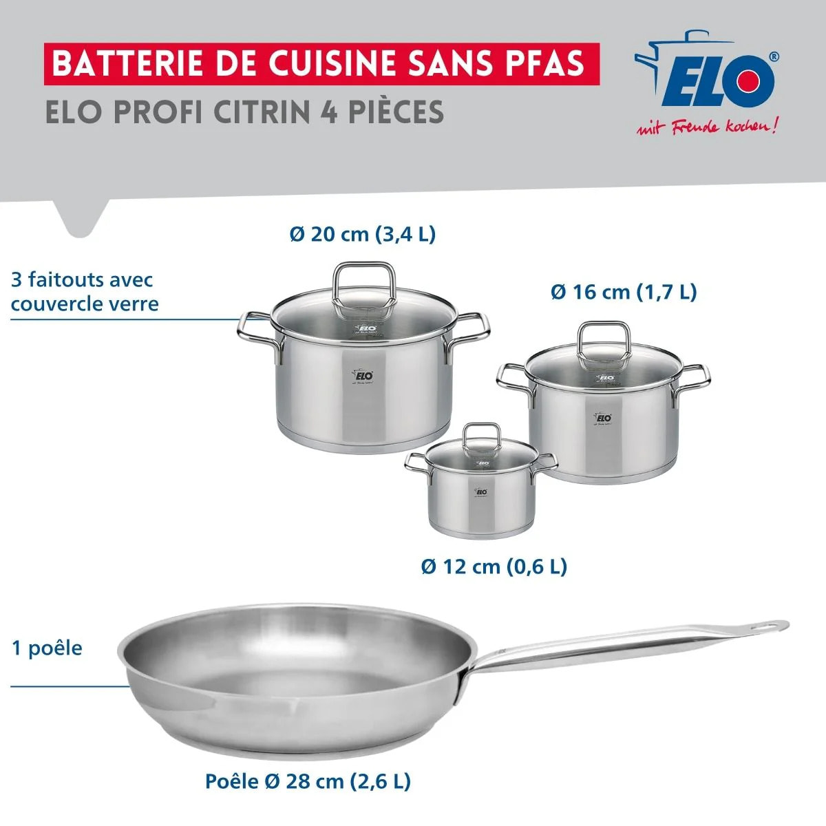 Ensemble de 1 Poêle de cuisson 28 cm et 3 faitouts 12, 16 et 20 cm Elo Profi Citrin