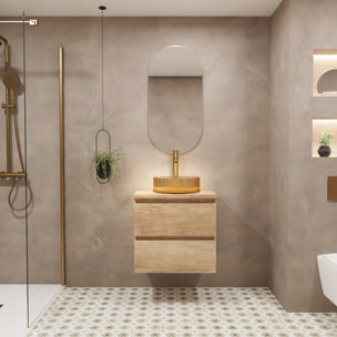 Conjunto de Baño Glass | 60 cm Nature | Dos Cajones | Lavabo de Vidrio Xampagne | No incluye Espejo | Mueble Montado | Alday