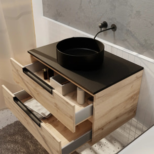 Meuble salle de bains 80 cm a Suspendre Decor Bois et Plan Noir - 2 Tiroirs - Vasque Noire 36 cm