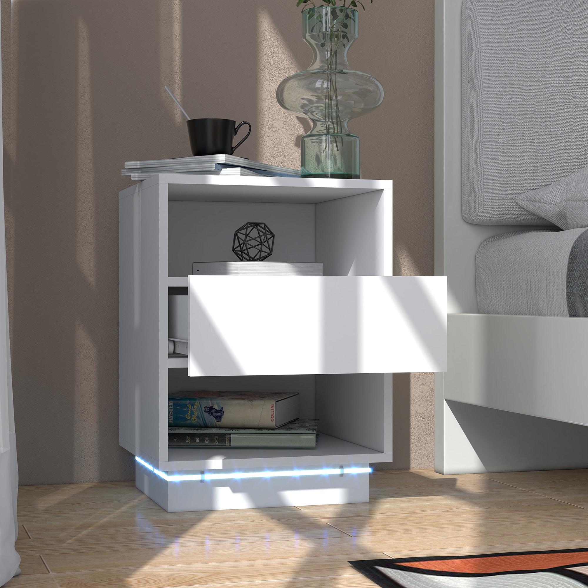 Table de chevet table de nuit LED - tiroir, niches, plateau - 40 x 40 x 55 cm - blanc brillant laqué