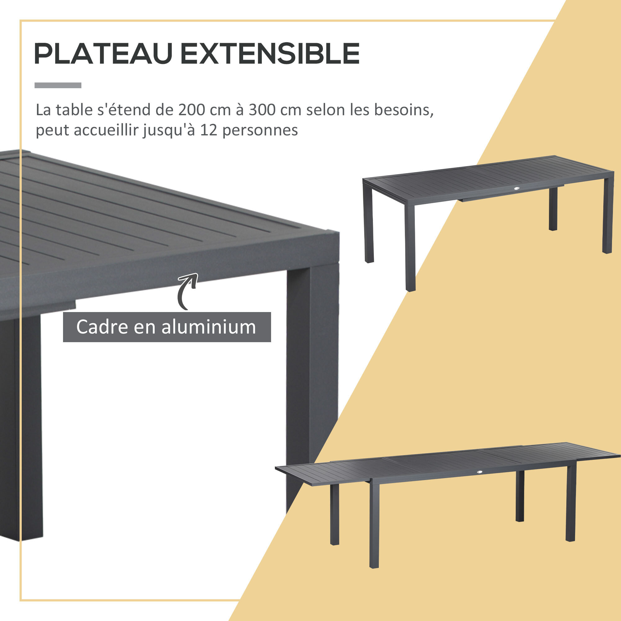 Ensemble de jardin 12 personnes chaises empilables table extensible 200/300L cm alu. textilène gris