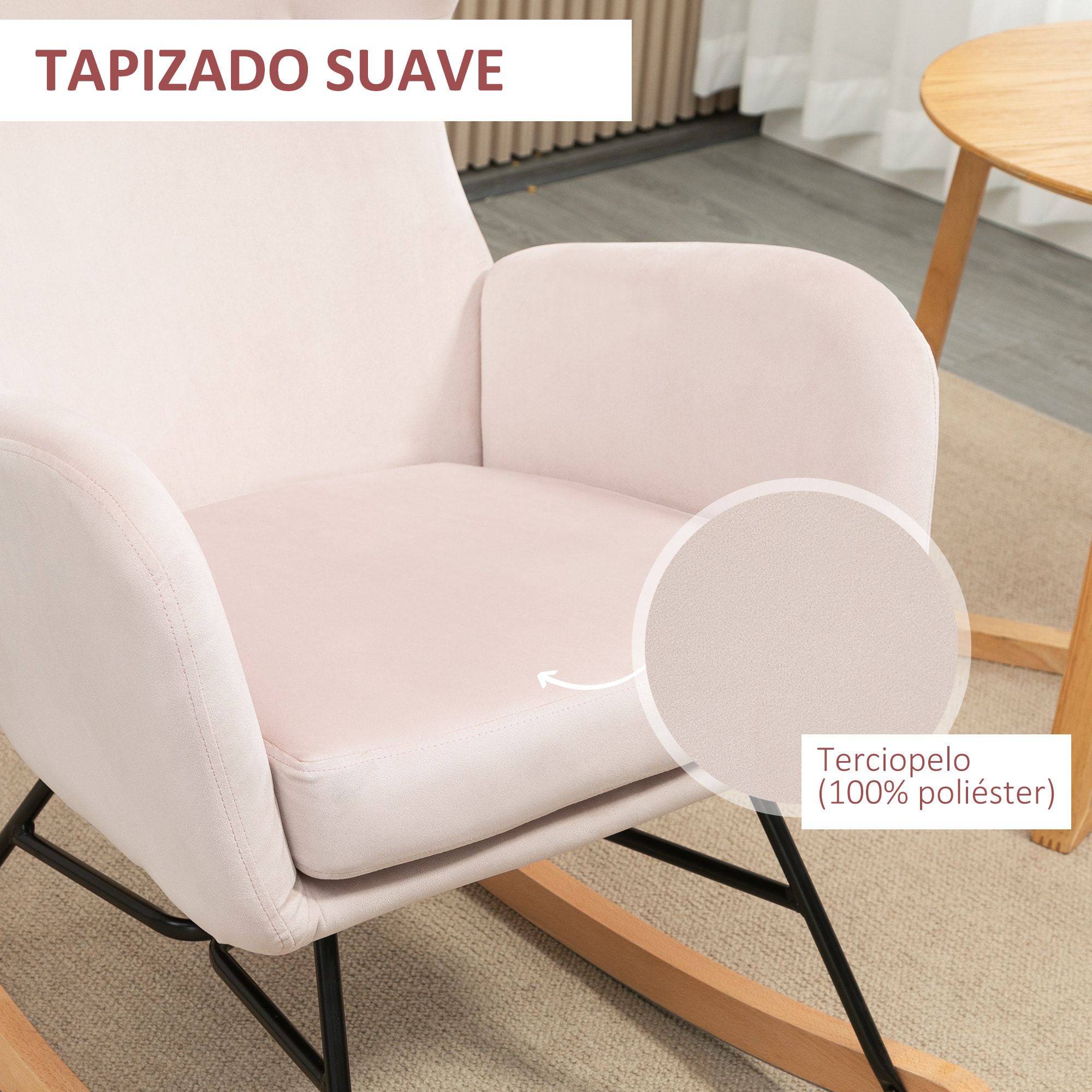 HOMCOM Silla Mecedora Tapizada en Terciopelo Sillón Balancín Relax con Asiento Acolchado Reposabrazos y Pies de Madera de Haya para Salón Dormitorio 65x87x102 cm Rosa