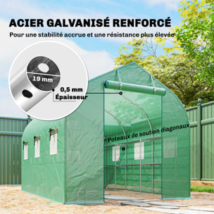 Serre tunnel de jardin étagères 6 fenêtres bâche PE acier vert