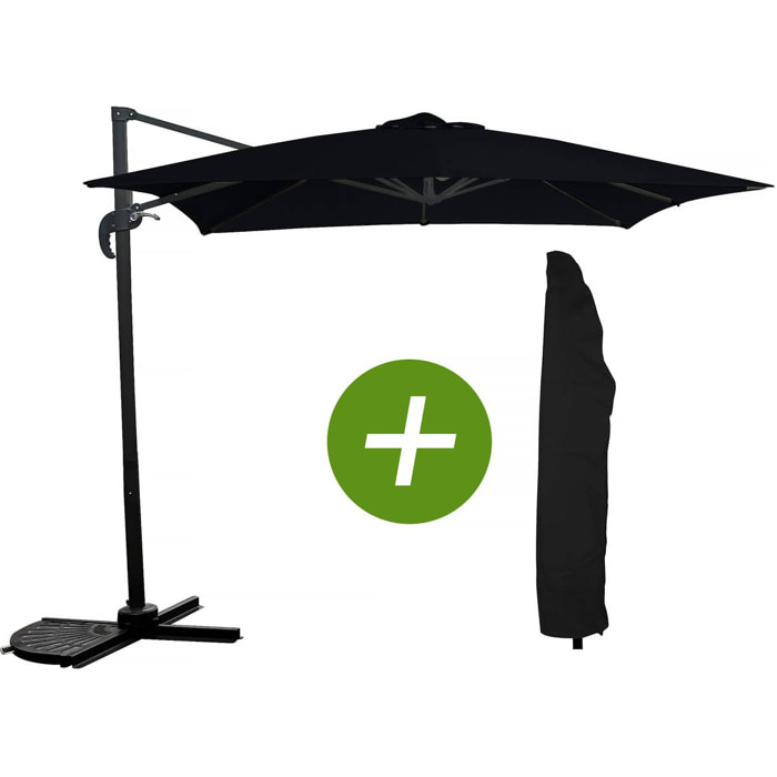 Parasol jardin déporté "Soleil" - Carré - 2.5 x 2.5 m - Noir + Housse de protection