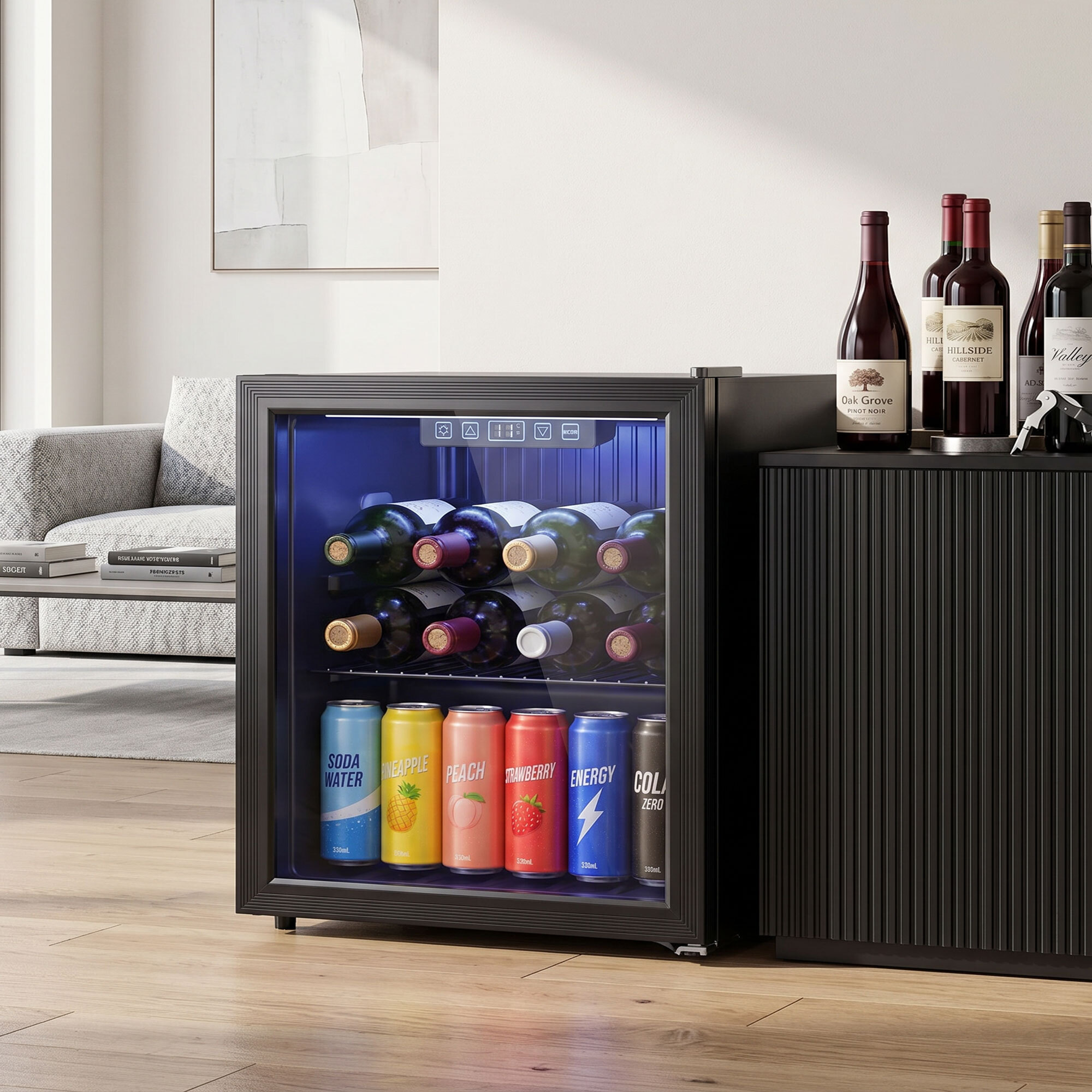 Frigorífico de Bebidas 50 L, Mini Nevera con Puerta de Vidrio Doble, Iluminación LED, Estante Ajustable, 2-18℃, para 48 Latas, Nevera Pequeña para Refrescos, Cerveza y Vino