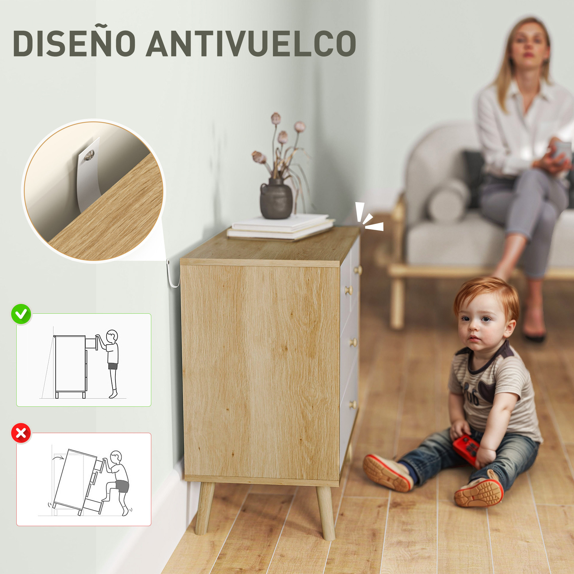 Cómoda de 4 Cajones Cómoda para Dormitorio con Tiradores de Madera Cajonera Estrecha para Salón Pasillo 60x35x65 cm Roble y Blanco