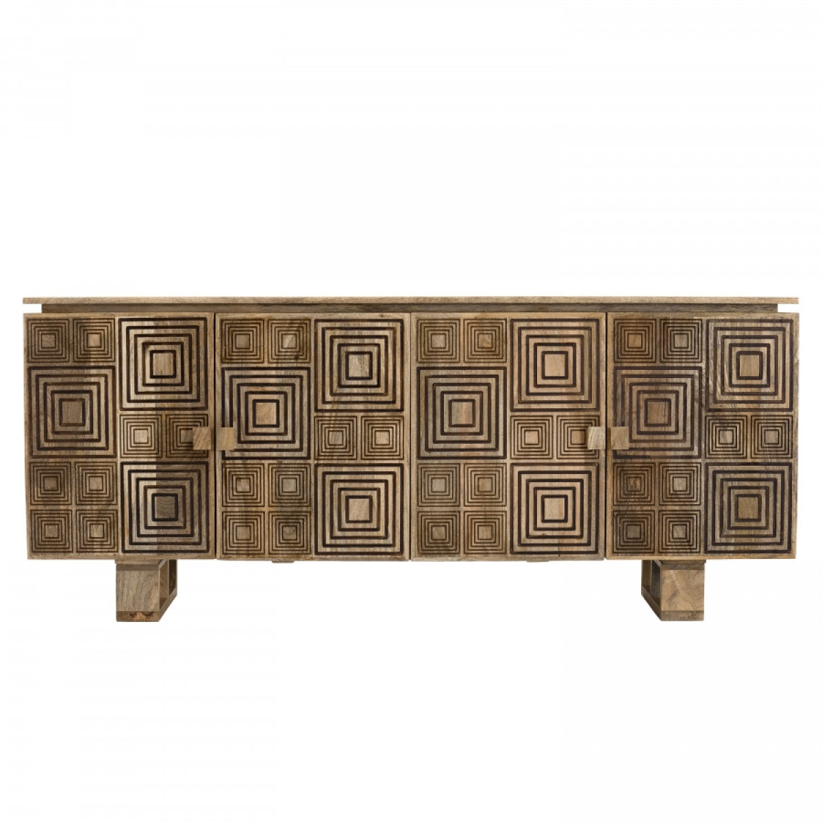 IRENE - Buffet bois Manguier 177x45cm 4 portes 2 étagères motifs noirs Goa