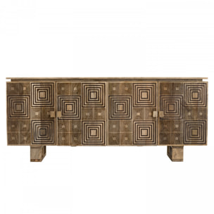 IRENE - Buffet bois Manguier 177x45cm 4 portes 2 étagères motifs noirs Goa