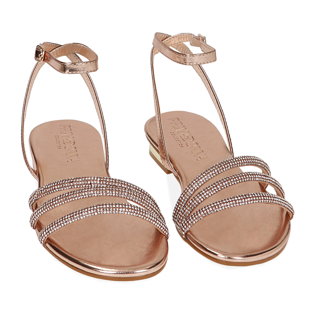 Sandali bassi rosa-oro in laminato con pietre