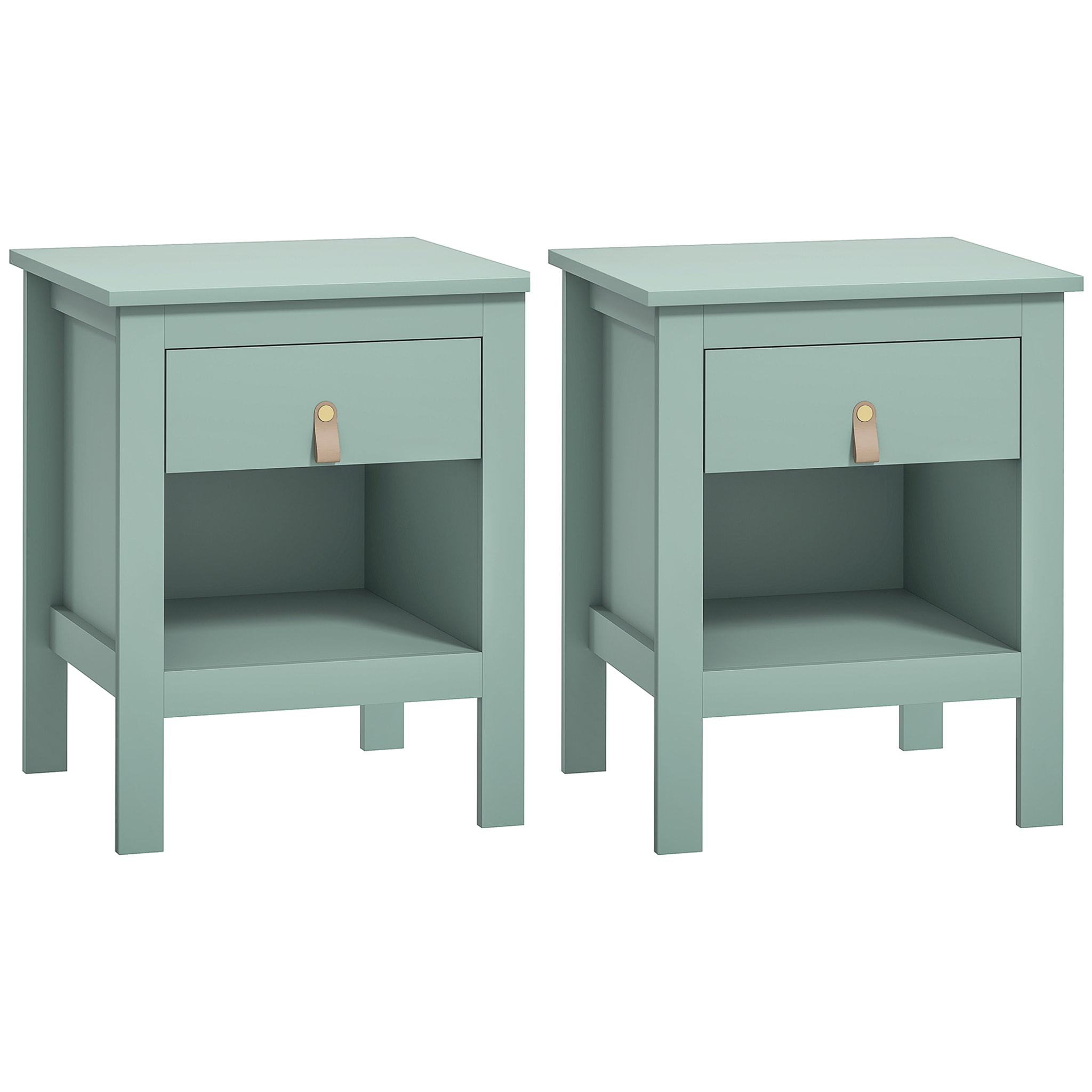Lot de 2 chevets tables de nuit - tiroir, niche - dim. 45 x 40 x 55 cm - poignée PU métal doré vert