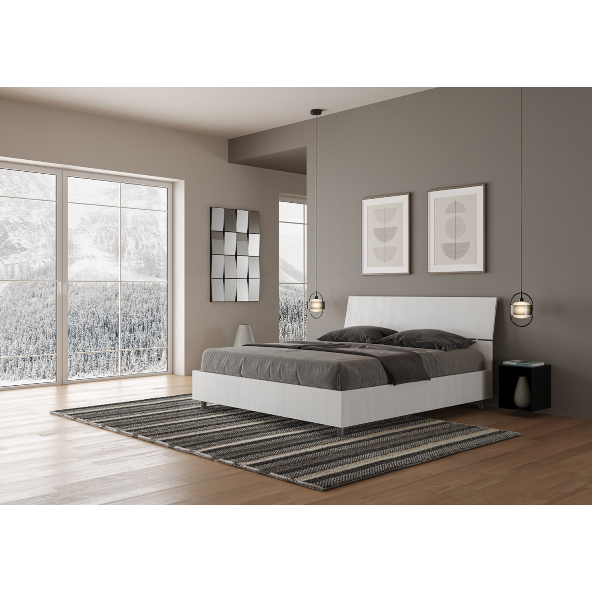 Lit avec sommier 160x200 tête de lit inclinée frêne blanc Demas