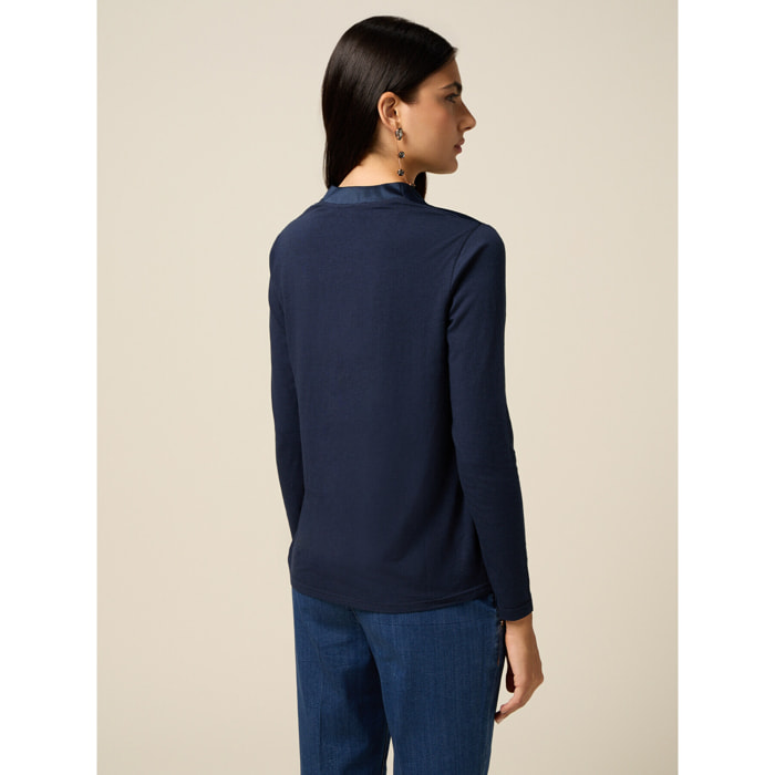 Oltre - Camiseta bimatérica con escote en V - Azul