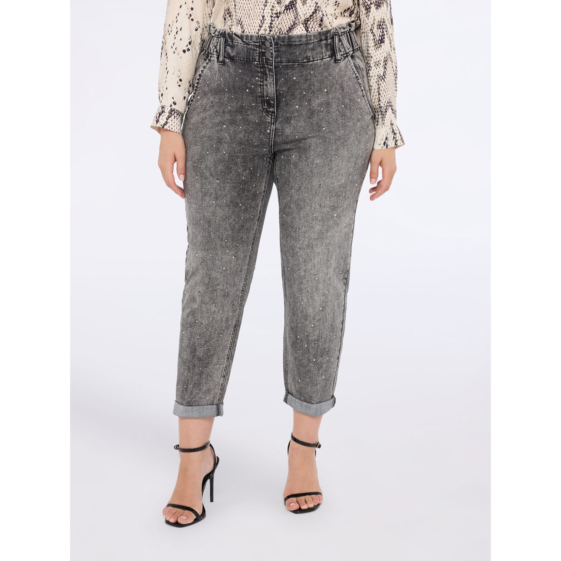 Fiorella Rubino - Jeans balloon efecto usado con aplicaciones luminosas - Gris