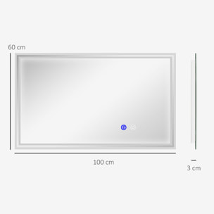 Miroir LED mural de salle de bain - 100L x 60H cm - luminosité réglable 3 couleurs - interrupteur tactile - système antibué