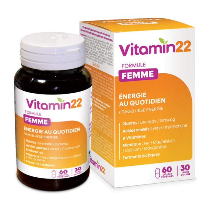 VITAMIN 22 - Specific Femme - A base de 14 vitamines et minéraux - Action fortifiante et anti-fatigue - Fabriqué en France - Cure de 30 j - 60 gélules