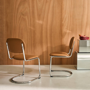 Lot de 2 chaises cantilever arrondie métal. similicuir marron et pieds chromés - L 47 x P 54.5 x H 81cm - Maloa