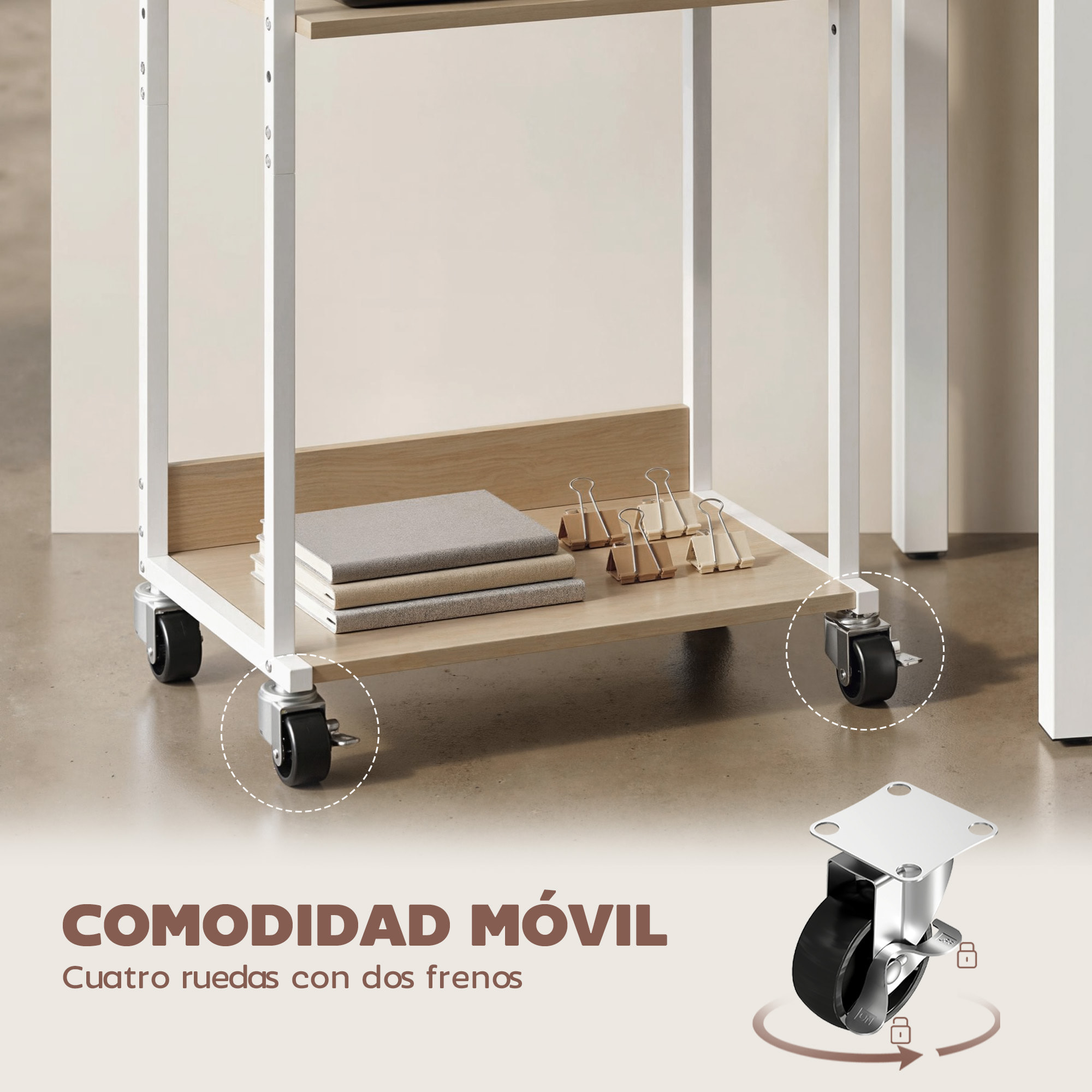 Soporte para Impresora de 3 Niveles con Ruedas, Mueble para Impresora con Ganchos y Marco Metálico, Estantería Multiusos para Oficina, Casa, Escuela, Madera Natural