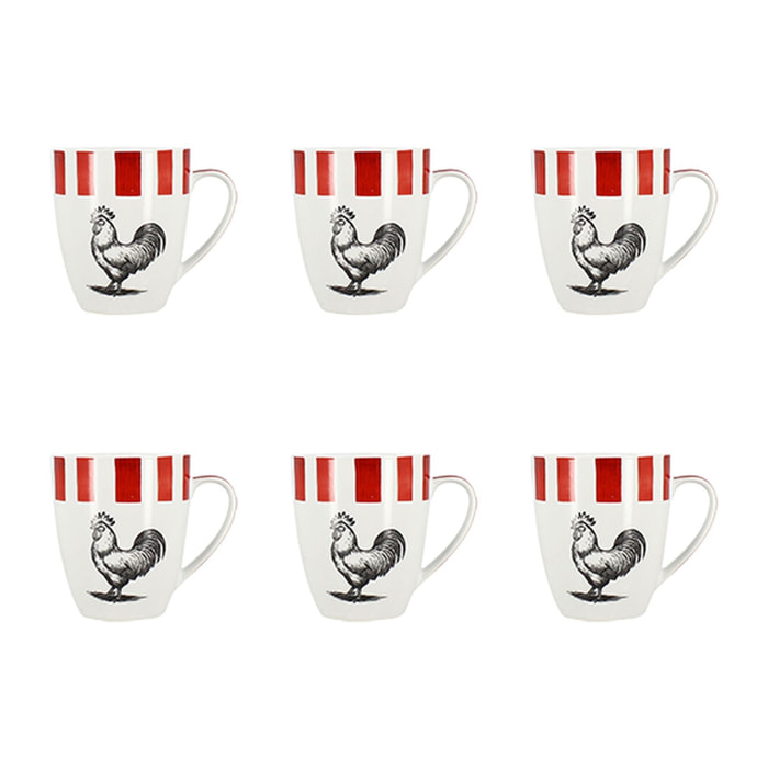 Lot de 6 mugs 35cl en porcelaine rouge et blanc COCORICO