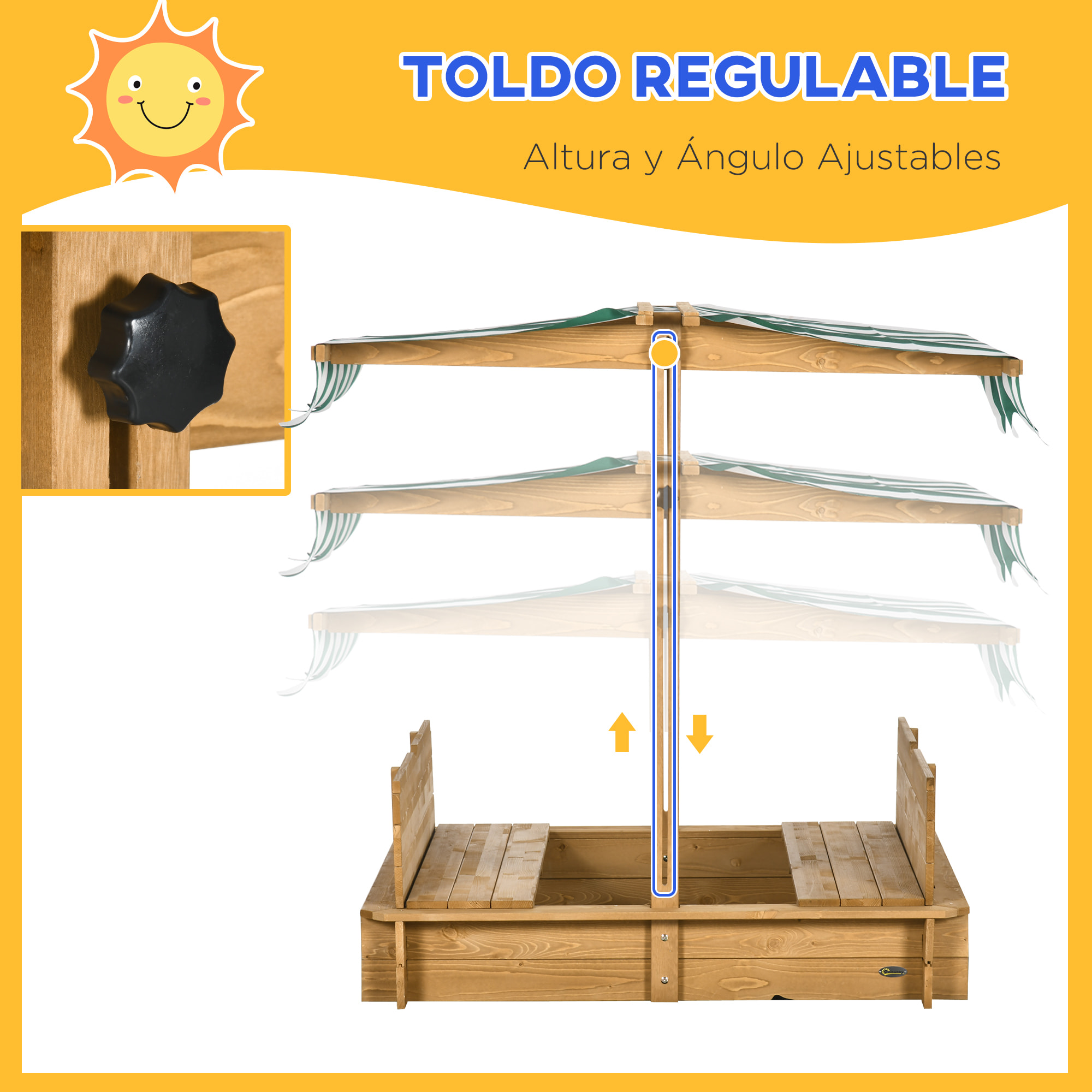 Outsunny Arenero para Niños de Madera Arenero Infantil con Toldo Ajustable en Altura 2 Bancos y Respaldos Desmontables para Patio Jardín 106x106x121 cm Natural y Rayas Verdes