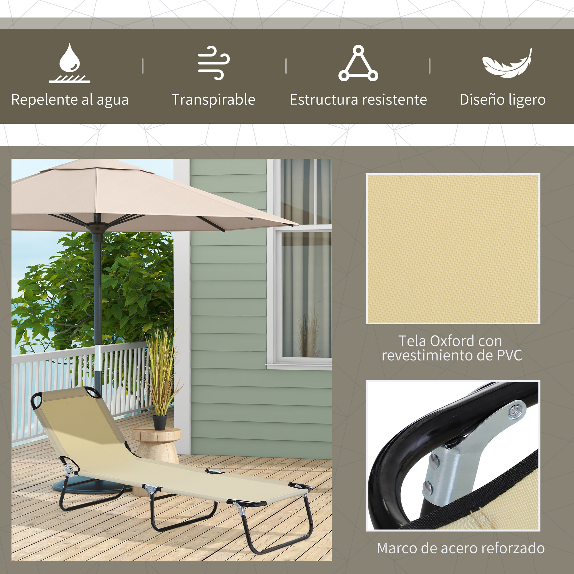 Conjunto de 2 Tumbonas Plegables Tumbonas de Jardín Reclinables con Respaldo Ajustable en 5 Niveles Carga 120 kg para Terraza Piscina 188x56x28 cm Beige