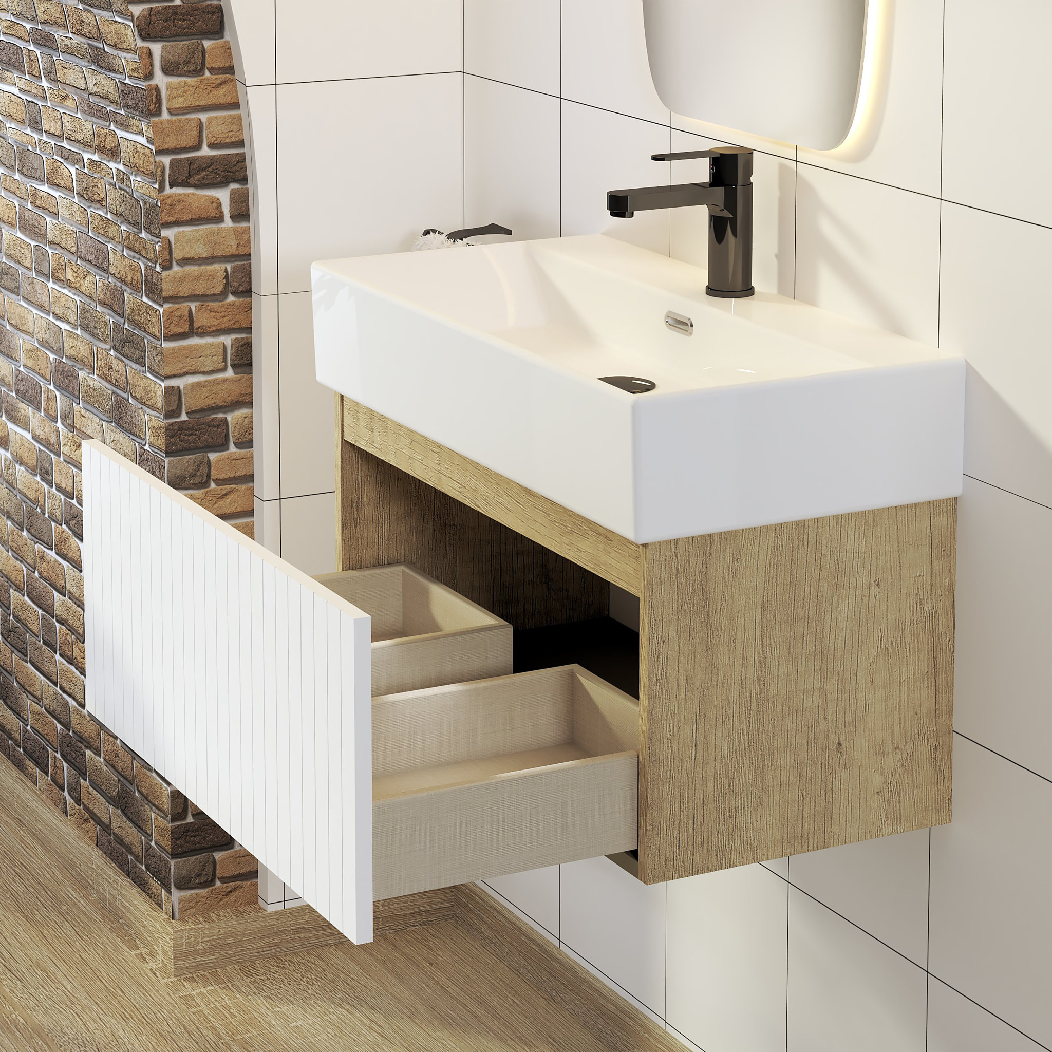 Conjunto de Baño Zel | Mueble Suspendido | 70 cm Blanco | Un Cajón | Lavabo Encastrado | No incluye Espejo | Mueble Montado| Alday