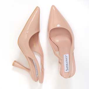 Dècolletè slingback in simil pelle verniciata con tacco a rocchetto tondo
