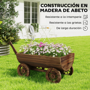 Carrito de Madera Decorativa con 4 Ruedas y Mango, Jardinera Exterior Móvil con Orificio de Drenaje, Macetero Exterior para Cultivos, Plantas, Jardín, Terraza, 115x40x54,5 cm, Carbonizado