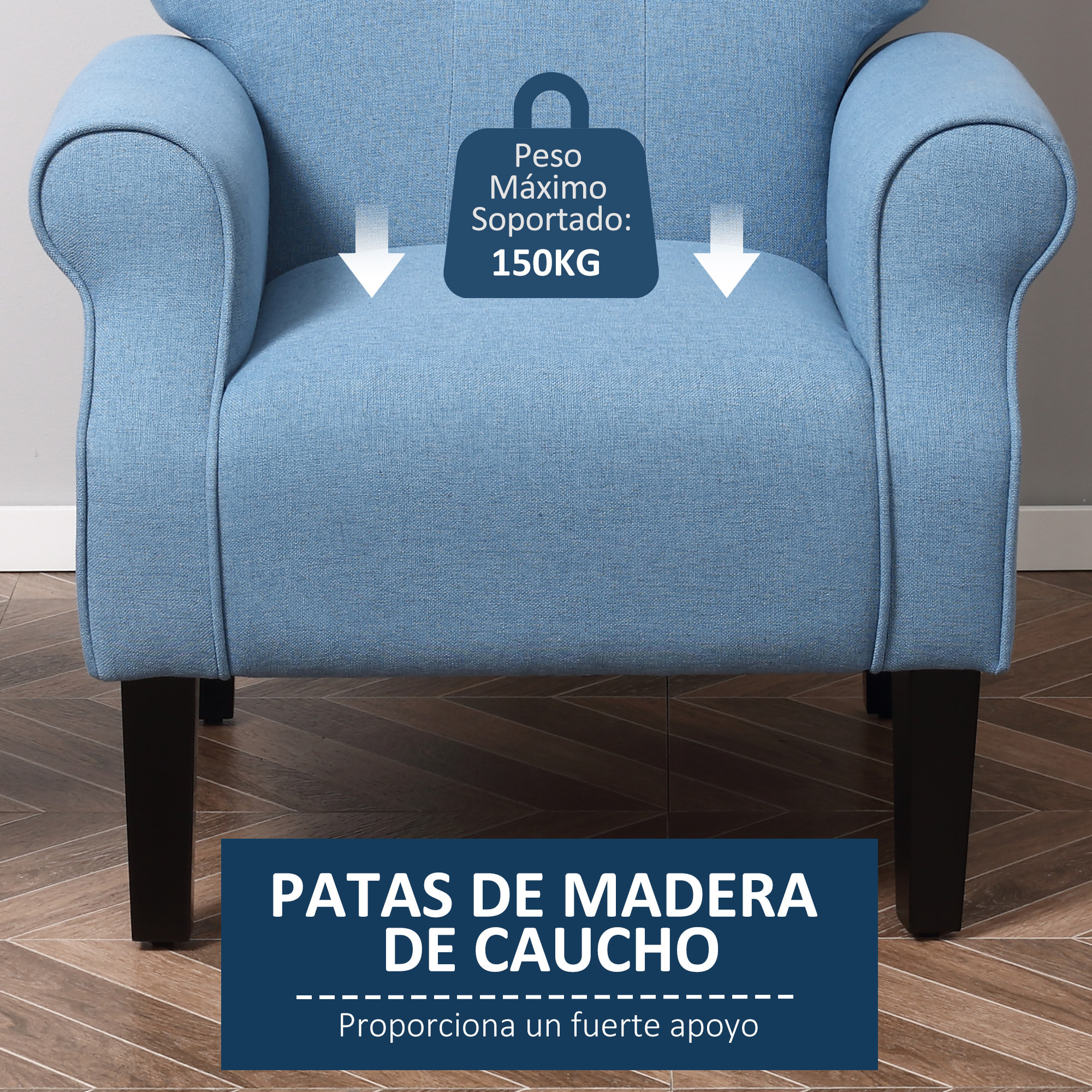 HOMCOM Butaca de Salón Tapizada en Tela Sillón Relax con Reposabrazos Asiento Acolchado y Patas de Madera Estilo Moderno para Dormitorio 78x74x97 cm Azul