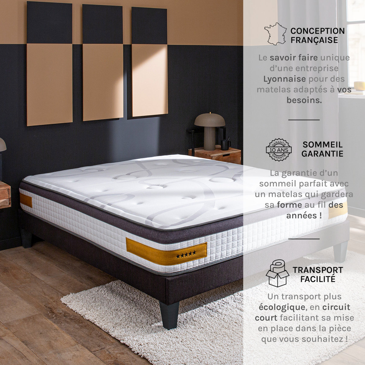 Ensemble Matelas Copenhague & Sommier KIT15, 24 cm, Technologie tri-lattes, Soutien Ferme, Aération Optimale