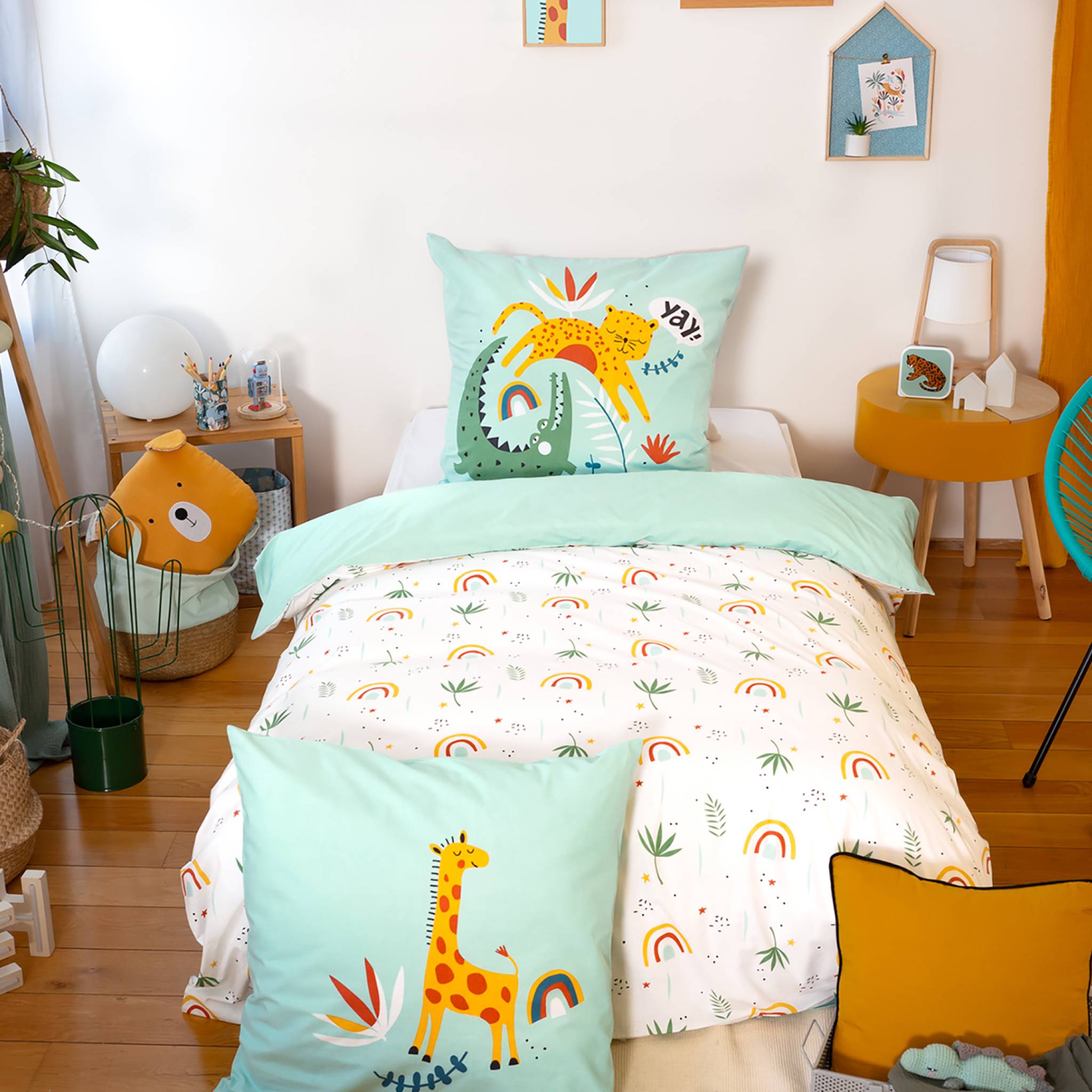 Parure de lit coton réversible turquoise imprimé savane / arc-en-ciel 1 place 140 x 200cm - Tanzania