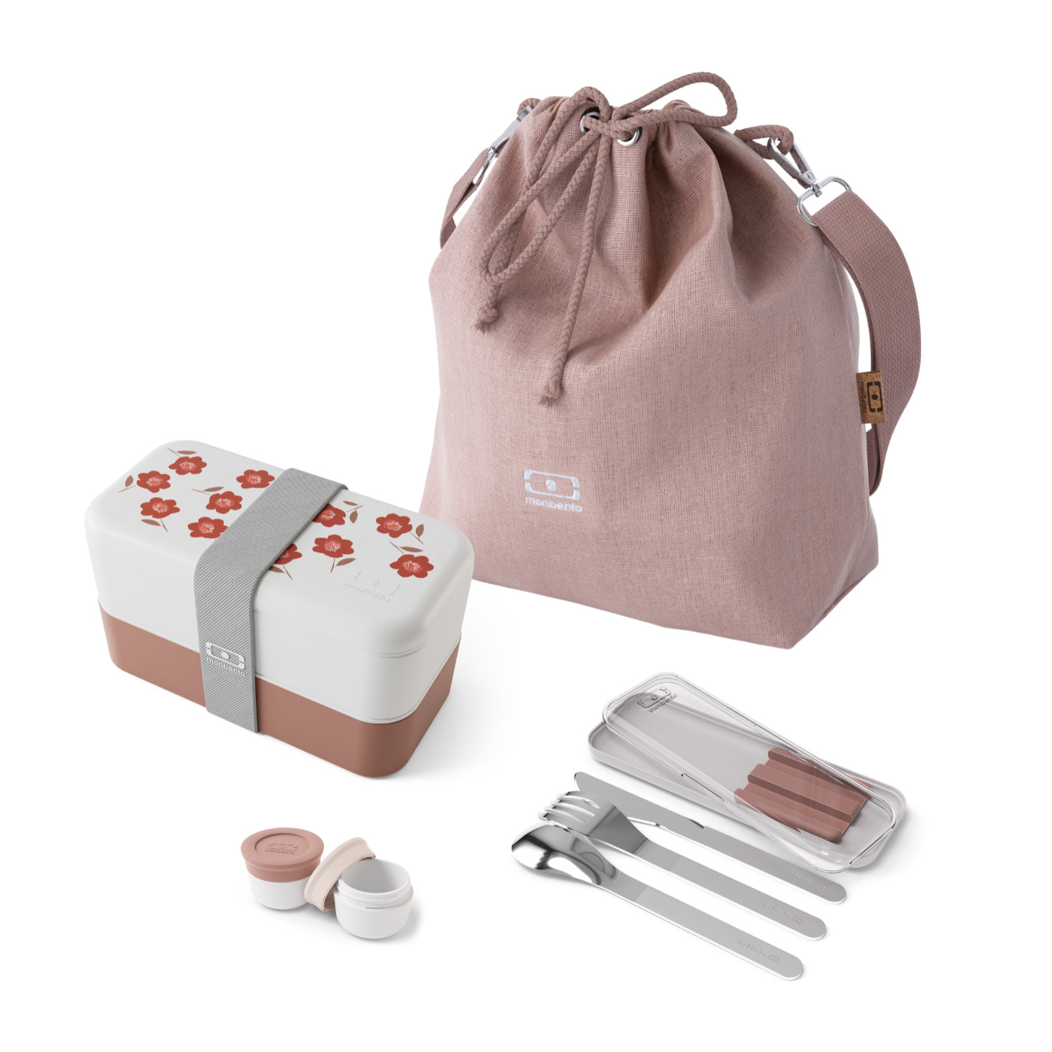 Set repas lunch box 2 étages 1L rose Poppy + accessoires