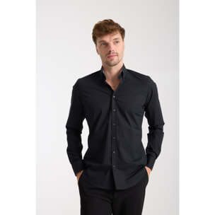 camicia uomo 1 bottone button down slim Popeline Stretch Unito Nero
