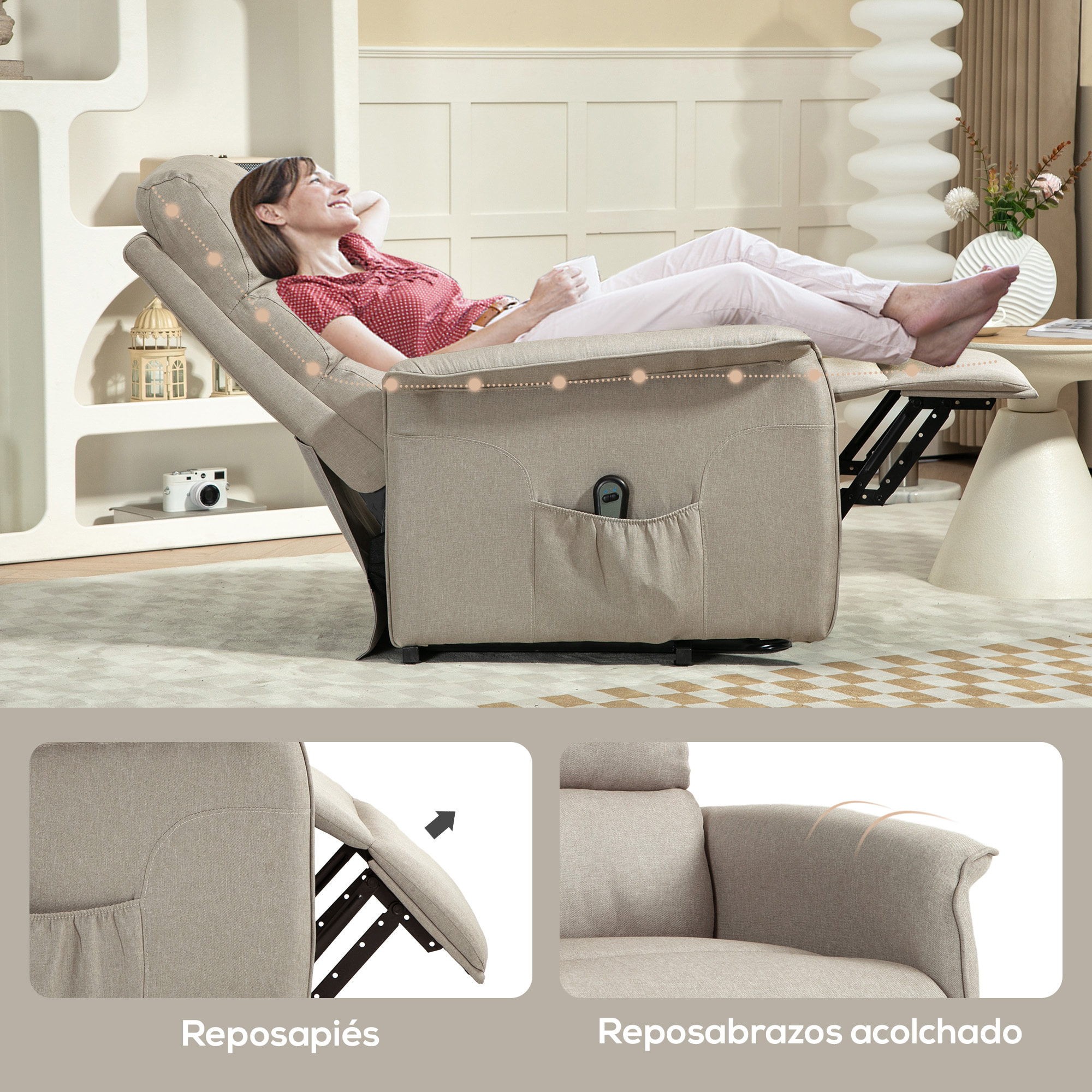 Sillón Relax Reclinable Eléctrico Sillón Levanta Personas con Mando a Distancia y Bolsillo Lateral Sillón Elevador para Salón Dormitorio Beige