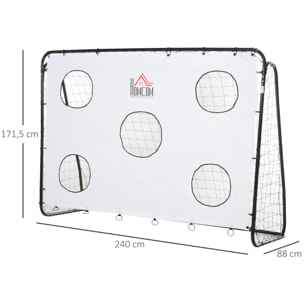 But de football - cage de foot avec cible dim. 240 x 88 x 174 cm - acier thermolaqué noir polyester blanc