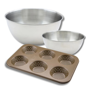 Set de pâtisserie avec 1 Moule à pain ronds 6 empreintes, 1 spatule Zenker et 2 bols à mixer en inox Fackelmann