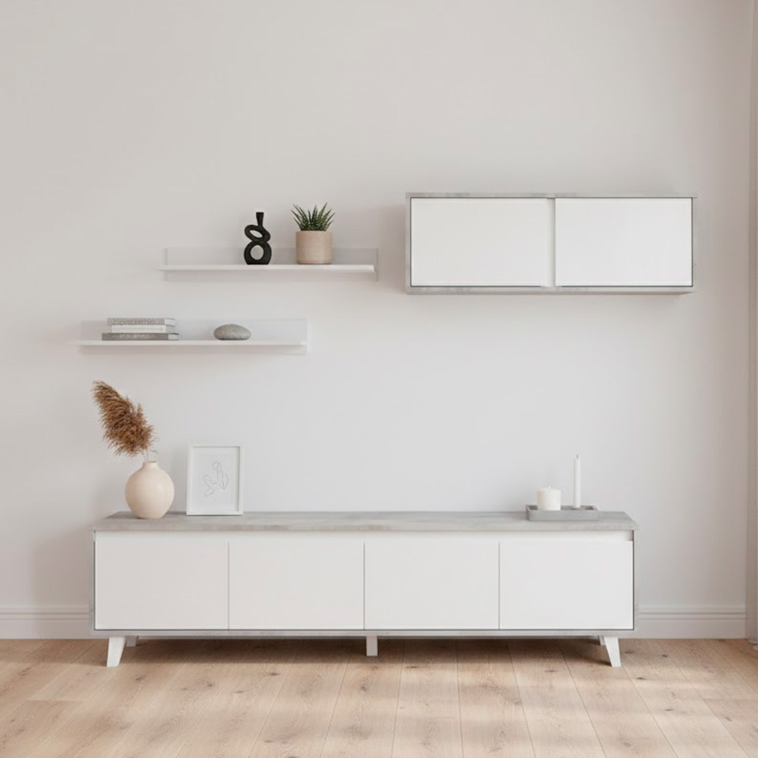 Parete Attrezzata Mobile Porta TV Con Pensile E Mensole Set Da Soggiorno Design Moderno Per Televisori Fino A 77” 200x41x50 Cm Bianco E Grigio Cemento