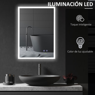 Espejo de Baño con Luz LED Espejo de Pared con Iluminación 70x50 cm Interruptor Táctil 3 Luces Ajustable Función Antivaho y Marco de Aluminio Espejo Colgante en 2 Formas Plata