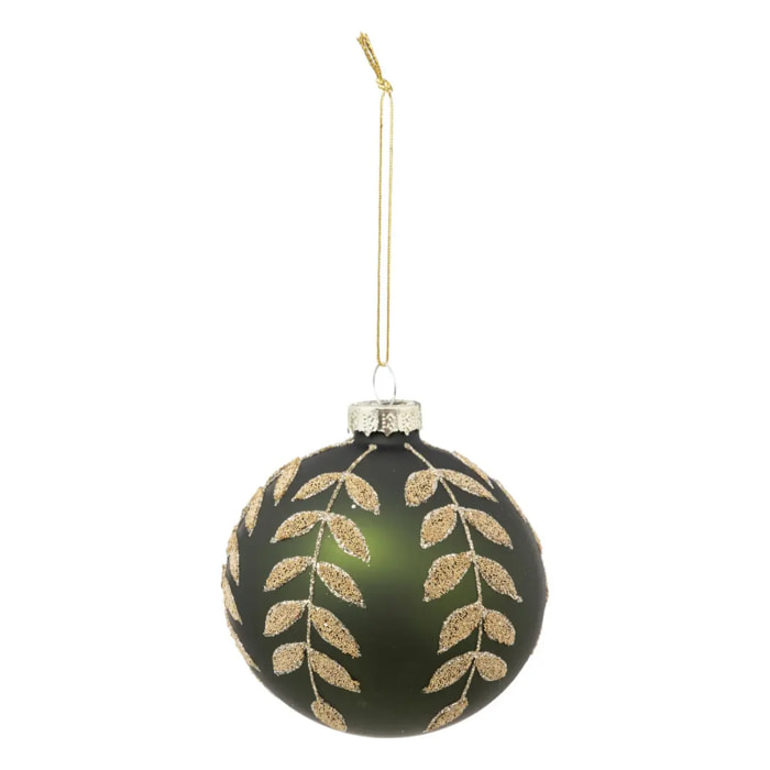 Boule de noël vert avec feuilles dorées en verre 80mm