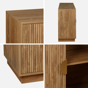 Buffet exotique 4 portes. effet bois de manguier rainuré. buffet bas. poignées en métal doré. L 180 x P 40 x H 75cm
