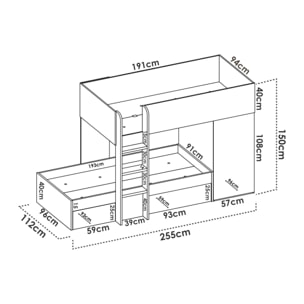 Letto per bambini Marmolada, Cameretta completa con armadio e cassetti, Composizione letto a castello con due lettini singoli, 255x112h150 cm, Rovere e Antracite