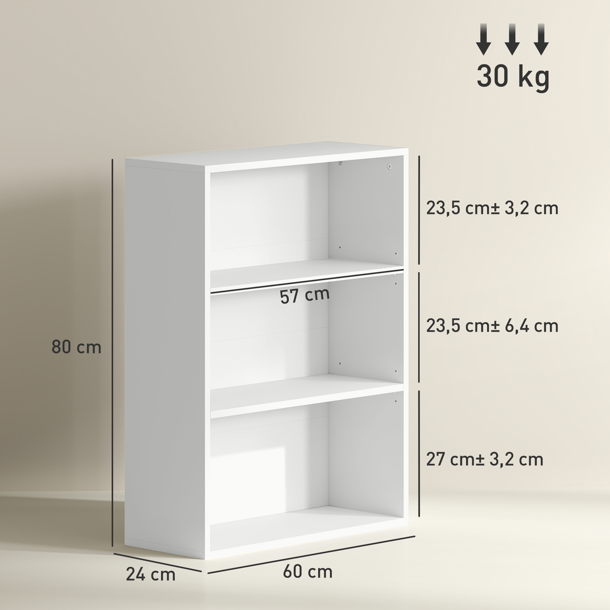 Librería de 3 Niveles Estantería de Libros con 2 Estantes Ajustables para Sala de Estar Oficina Dormitorio 60x24x80 cm Blanco