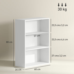 Librería de 3 Niveles Estantería de Libros con 2 Estantes Ajustables para Sala de Estar Oficina Dormitorio 60x24x80 cm Blanco