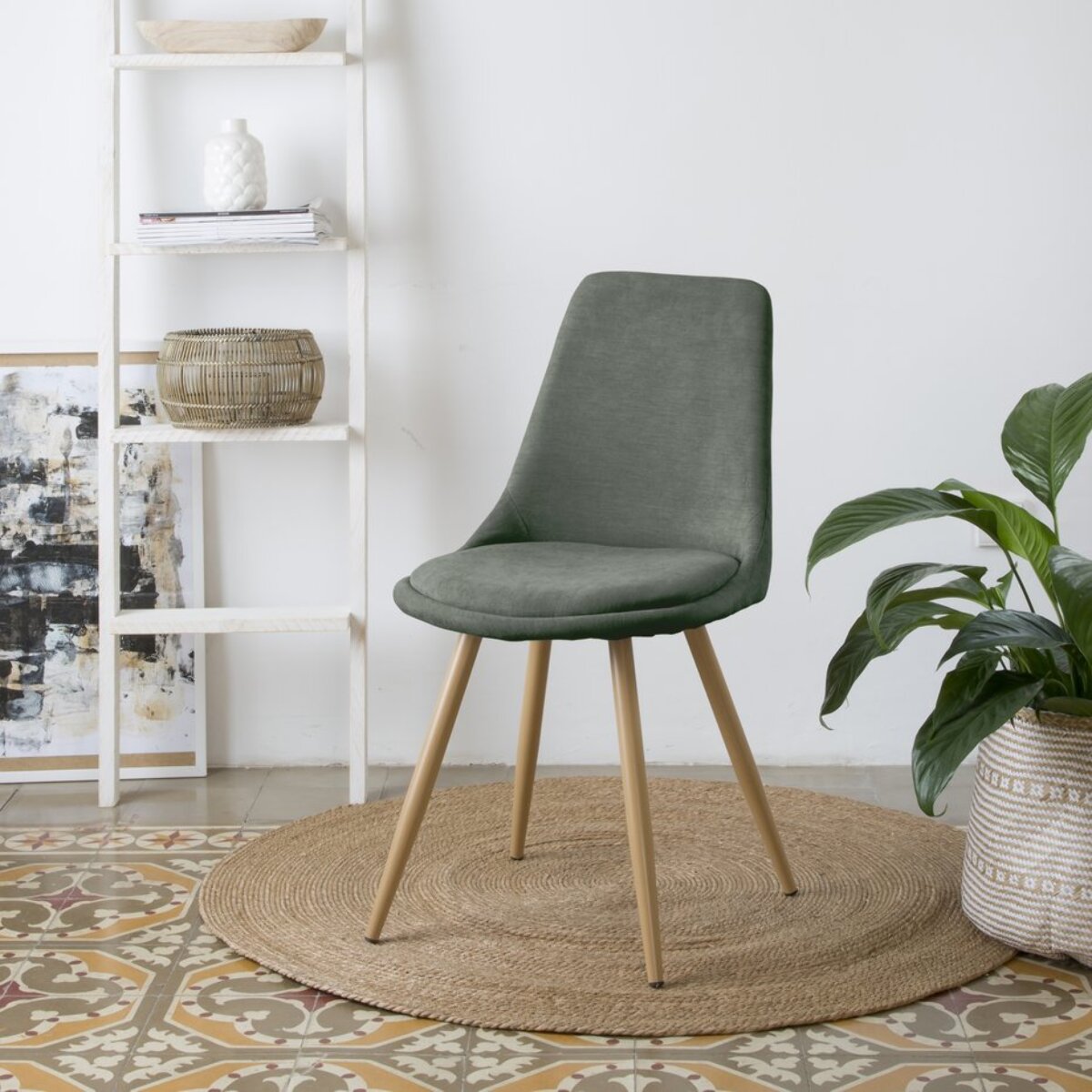 Pack de 4 chaises -tissu et bois, pieds métaliques-couleur vert 47 x 87 x 51 cm