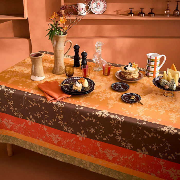 Nappe pur coton 220 g/m² motif jacquard orange marron Mille lierres automne
