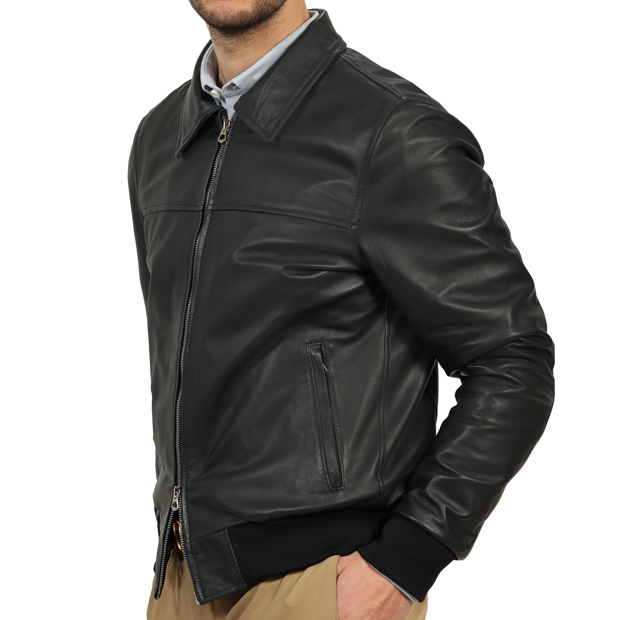 Giubbino in vera pelle di vitello Blu-Slim Fit