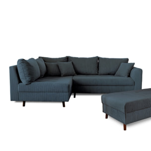 Rune - canapé d'angle gauche - 4 places - avec pouf d'appoint - en velours côtelé - Bleu nuit