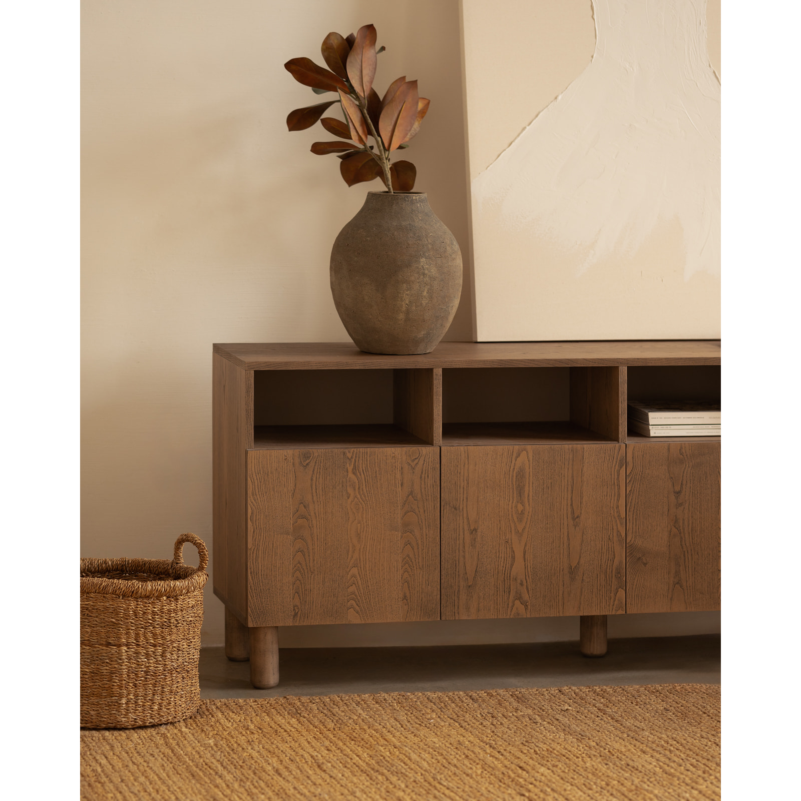 Buffet avec 4 portes en bois de placage de frêne naturel en teinte noisette de 176x40cm Hauteur: 75 Longueur: 176 Largeur: 40
