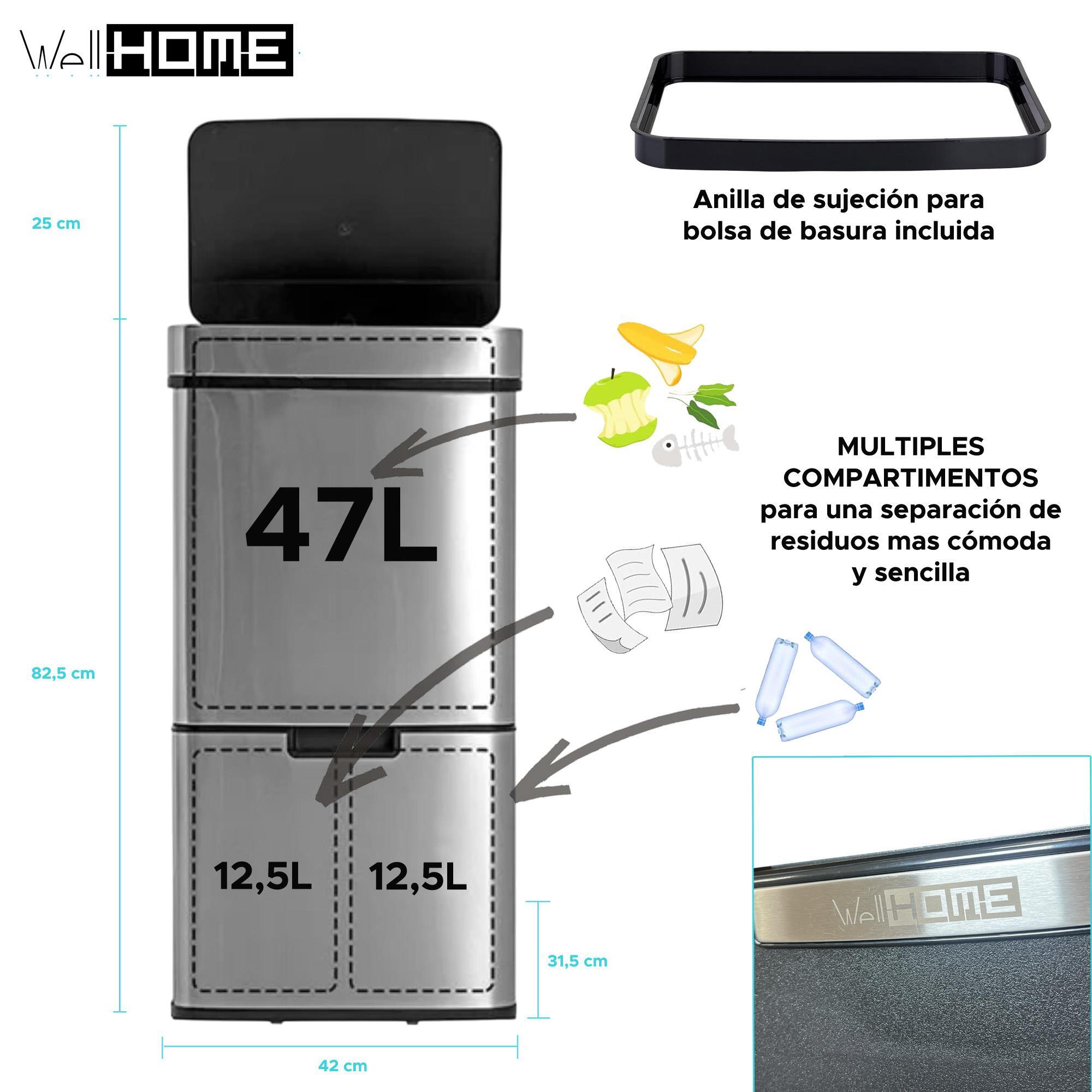Cubo de basura papelera de reciclaje con 2 compartimentos, apertura automática con sensor, en acero inoxidable, cromado