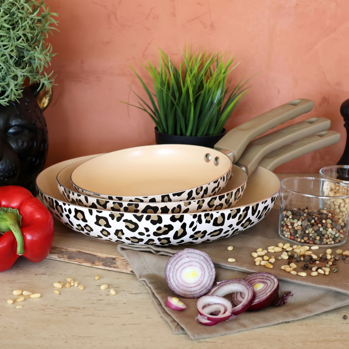 Lot de 3 poêles en aluminium recyclé motif léopard LEOPARD